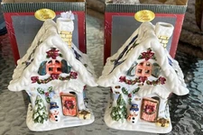 Two Porcelain Snow Covered Cottages Houses Tealight Candle Holders Retired