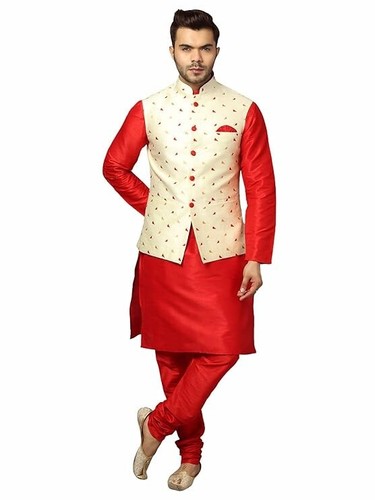 Men's Silk Blend Kurta & Churidar Pyjama With Ethnic Bundi Jacket | 3 In 1 | - Imagen 100 de 182