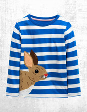 T-shirt Ex Mini Boden bambina grande applique in blu marocchino/avorio difetto coniglio