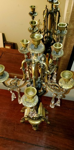 ANTIQUE FRENCH BRONZE 19TH CENTURY & CRYSTAL FIGURAL CANDELABRA CANDLESTICK - Picture 10 of 14