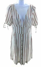 Hashtag Nation Womens V Neck Short Sleeve White and Red Striped Dress A Line