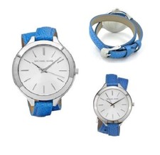 Michael Kors Double Enveloppe Autour Cuir Bleu Slim Bande, Cadran Rond Montre