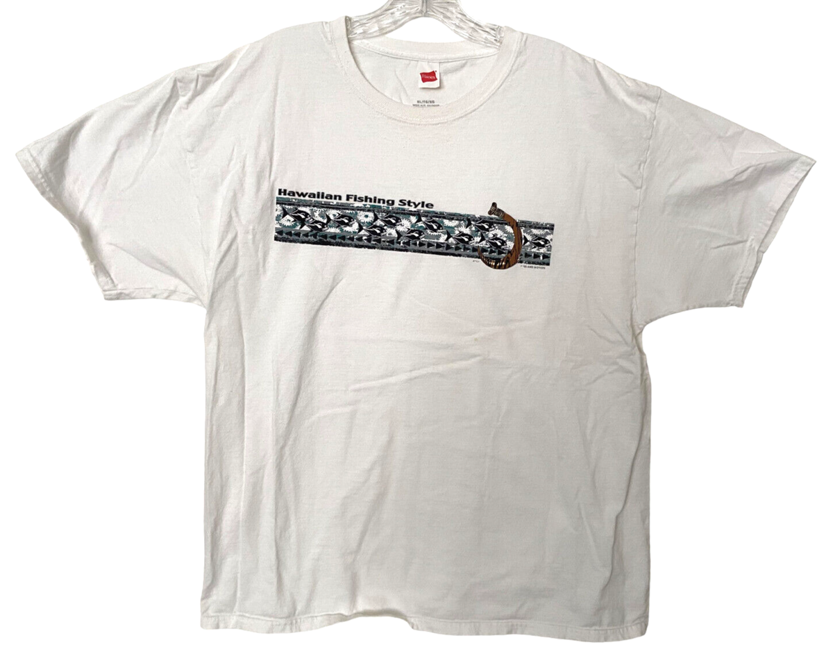 armpit fish hook Hawaiian Fishing Style White T-shirt Island Motion Fish Hook Graphics Hanes  XL