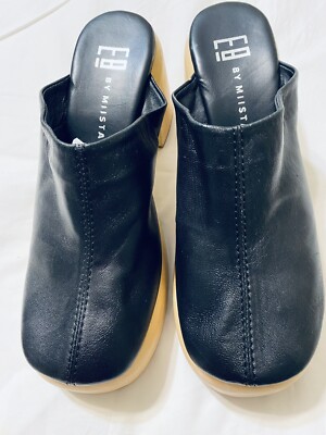 E8 By Miista Black Soft Leather Mule Wooden Heel Platform Clogs Size 36  New