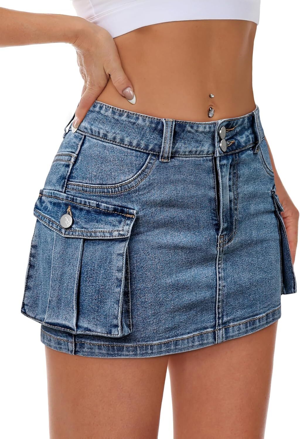 Women's Low Waist Mini Denim Cargo Skirt - Y2K Button Bodycon with Flap Pockets
