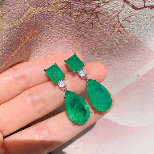 Women's Paraiba Tourmaline Grandmother Emerald Vintage Eardrop New - Picture 5 of 10