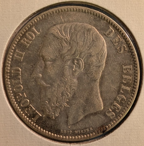 4 BELGIUM 5 FRANC COINS: 1867, 1868, 1869, 1873; 90 % SILVER, .7234 ASW EACH