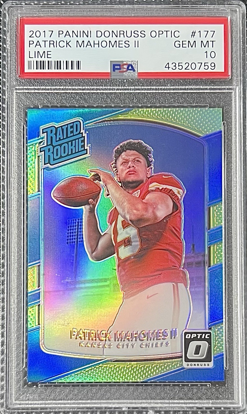 Patrick Mahomes 2017 Donruss Optic Lime Rated Rookie PSA 10 Chiefs