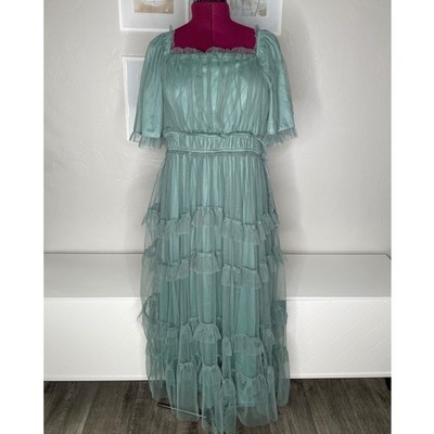 Baltic Born Magdalena Tulle Maxi Dress Womens 1XL Eucalyptus Green Tiered Ruffle