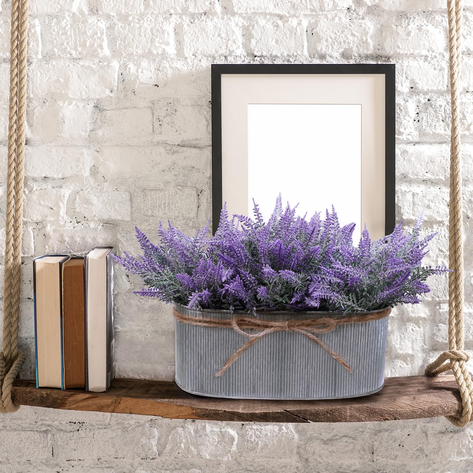 10 Inch Artificial Lavender Flower Arrangement in Rustic Oval Galvanized Meta...