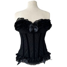 Coquette Ruffled Mesh Black Velour Polka Dot Boned Corset Top with Bows