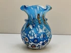 Vintage Murano Millefiori Art Glass Vase Blue Applied Bow Hand Blown