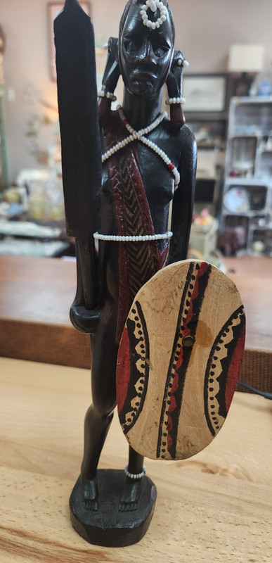 Hand Painted Wooden Warrior Figurine Beaded Spear Shield Multicolor 12in