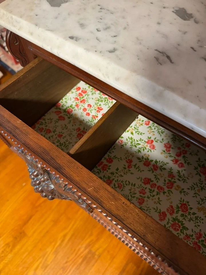 Antique Eastlake Victorian Dresser, Carved Walnut Marble Top w/ Mirror - Image 4 of 4