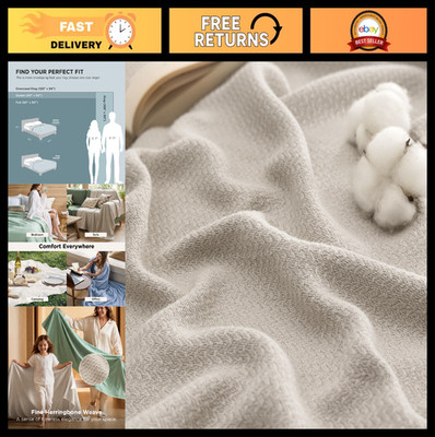 King Size 100% Cotton Blanket - Cooling Lightweight Herringbone Woven Throw, Lin