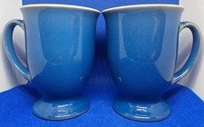 Churchill Bakewell Regal Footed Mugs/Cups x 2 Blue Glaze Stoneware Vintage 1980s