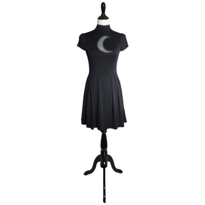 Killstar Crescent Moon Mesh Cutout Skater Dress Size S Black Goth Lace Trim EUC