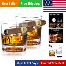 Cigar Whiskey Glasses Set of 2  Fashioned Glass with with Cigar Holder Rest