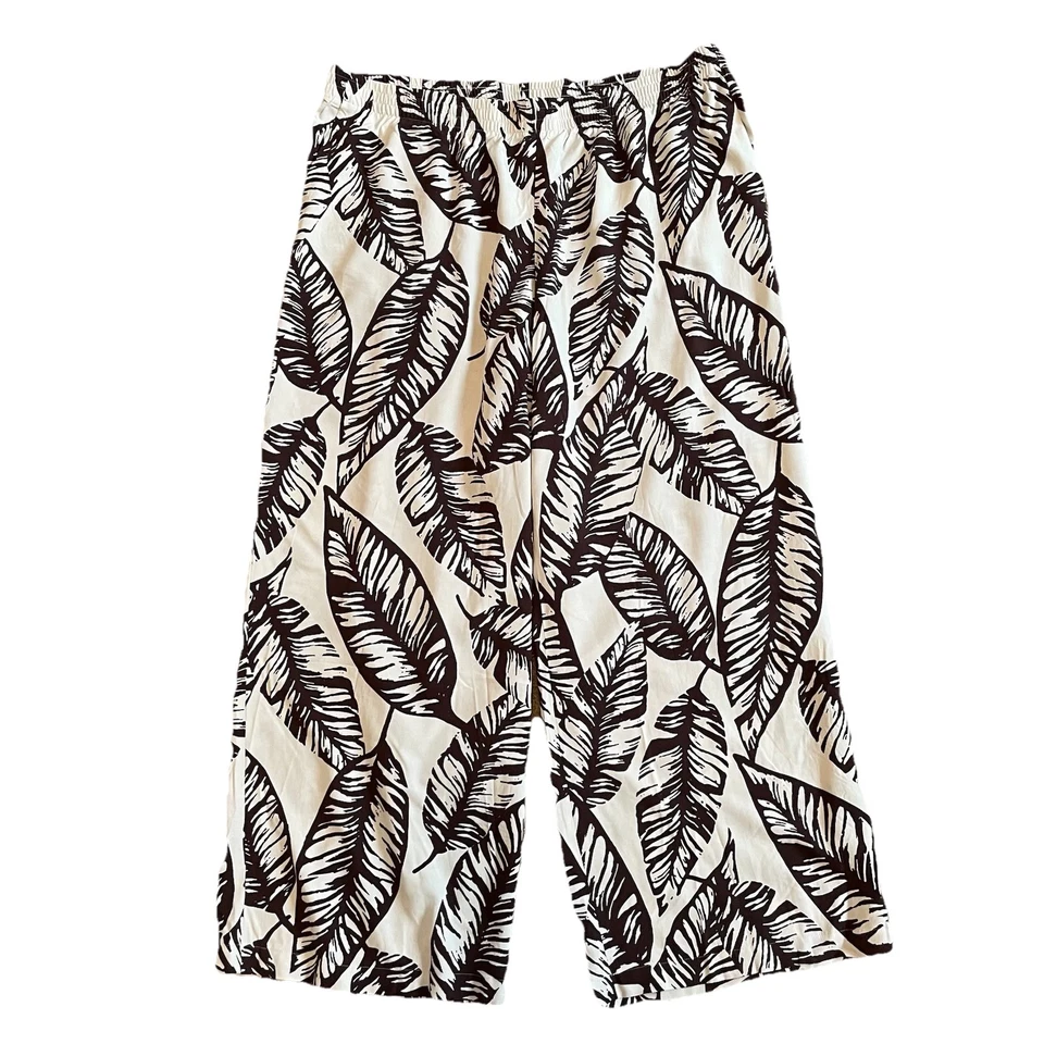 J Jill Silky Soft Wide Leg Pants Size 2XL Palm Tropical Rayon Brown Cream - Image 2 of 4