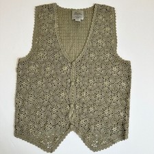 Vintage Hand Knitted Crochet Vest M Beige Taupe Floral Boho Cottage 90s Y2K