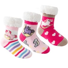 3 Pairs Fuzzy Slipper Socks For Girls, Pink Kid Slipper Socks With Non-Slip G...