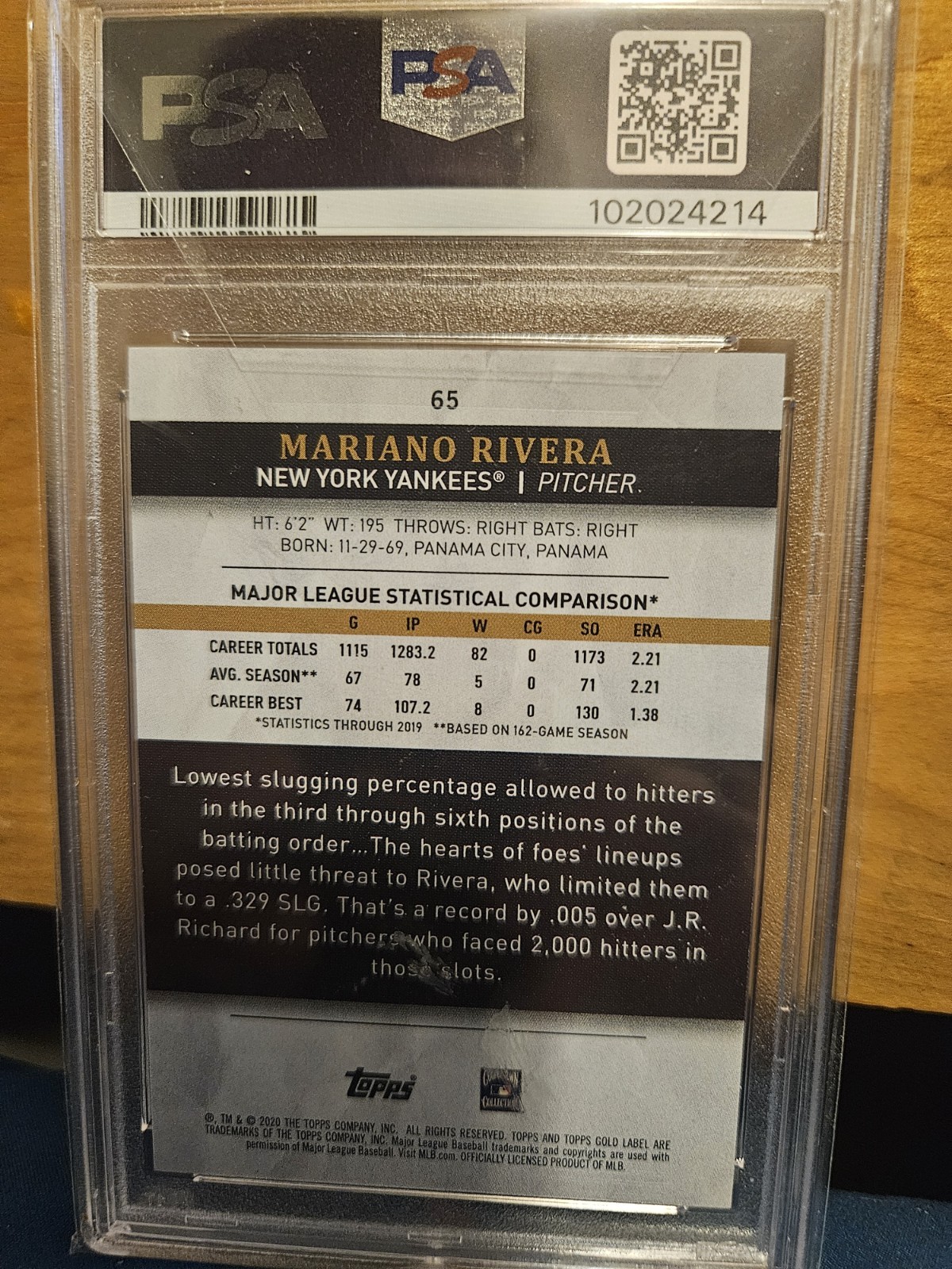 2020 Topps Gold Label - Mariano Rivera #65 Class 2 Gold 1/1 view 2