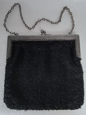 Vintage Victorian Black Beaded Evening Purse. Ornate Metal Frame  Metal Chain.