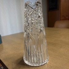 Vintage Tall Crystal Vase, Tapered To Wide Base; Beautiful Patterns Scallop Top