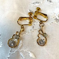 Vintage Gold Feather Earrings with Rhinestones, Small, Retro, Unused Near Mint