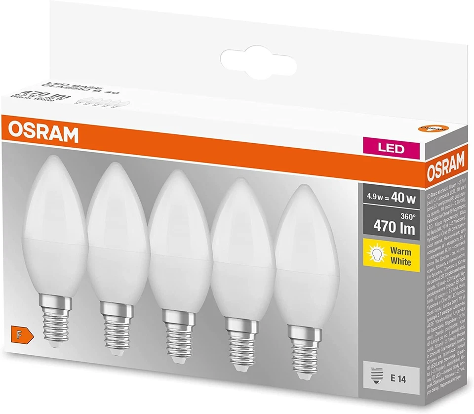 OSRAM 5w LED E14 SES 40w 470lm Warm White Classic 2700K A+ 5 pack - Image 2 of 4