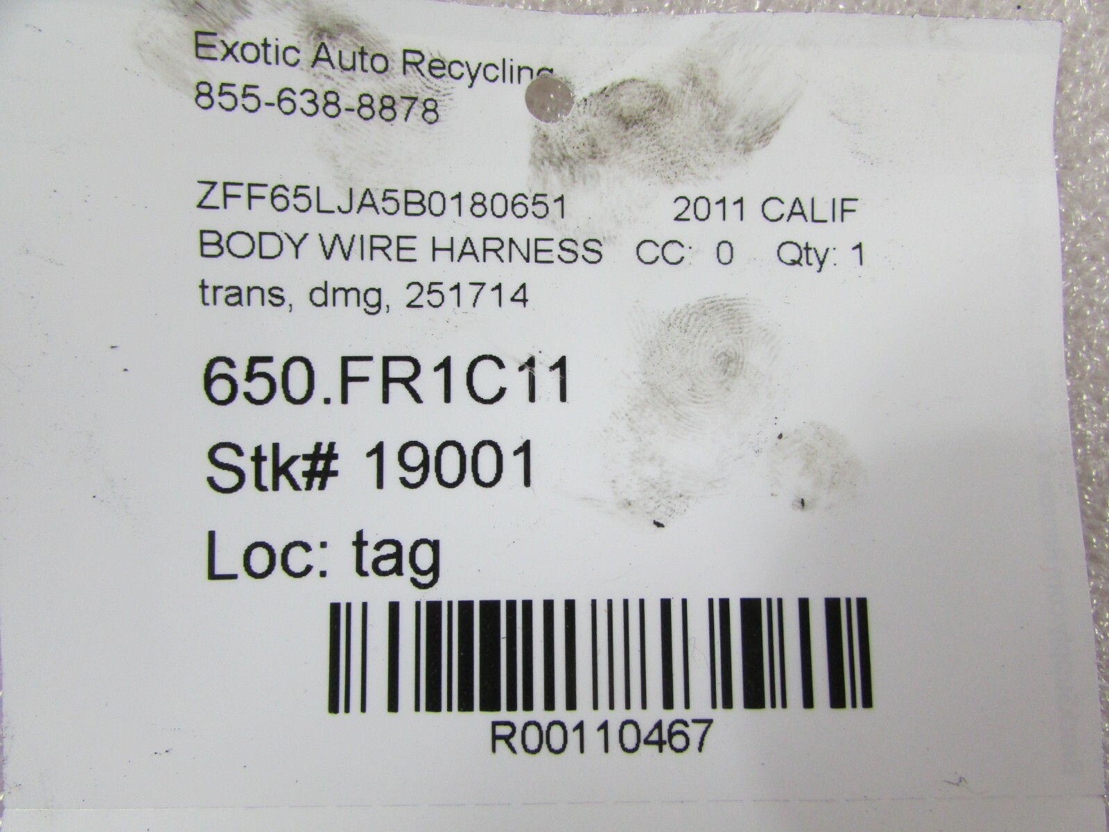 Ferrari California, DCT Gearbox Cable, Wire Harness, Used, P/N 251714