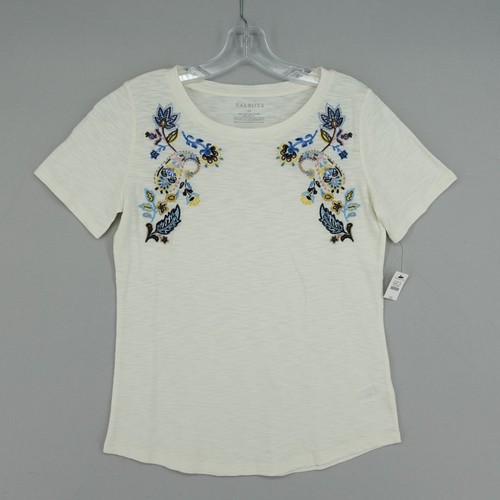 Talbots Slub Tee Shirt XS Ivory Floral Embroidered Short Sleeve Crewneck