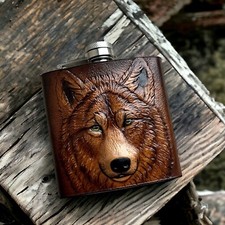 Handcrafted Leather Flask with Wolf Design - Unique Stainless Steel Hip Flask in