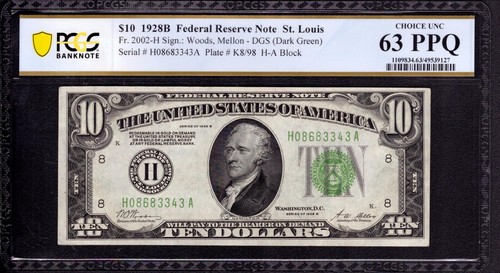 1928 B $10 FEDERAL RESERVE NOTE ST. LOUIS FR.2002-H HA BLOCK PCGS B CU 63 PPQ