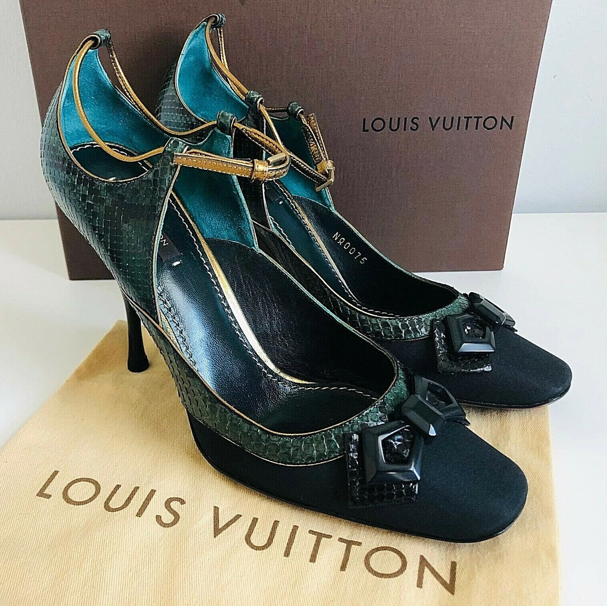 NIB Authentic LOUIS VUITTON Runway Water Snake Ankle Pumps Black &  Green Sz 39.5