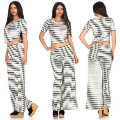 Damen Zweiteiler T-Shirt bindbar bauchfrei Schlaghose Streifen 34 36 38