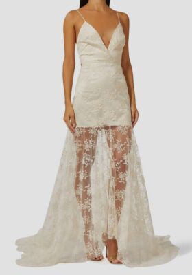 $2850 Rotate Women's Ivory Laced Overlay V-Neck Miley A-Line Dress Size 2