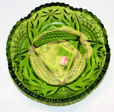 Vintage Viking Dish Green Glass with Sticker Heavy Cut Glass Saw Tooth Edge