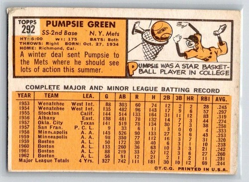 Pumpsie Green 1963 Topps #292 - Picture 2 of 2