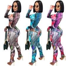 Womens Stylish Long Sleeves Multicolor Print Patchwork Bodycon Jumpsuit 2pcs