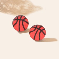 Unique Sport Accessories Orange Lightweight Wood Round Basketball Stud Earrings