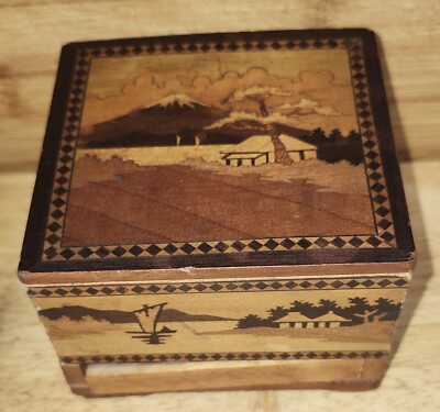 Vintage Inlaid Wooden Japanese Mechanical Cigarette Box Dispenser Japan Scenes 