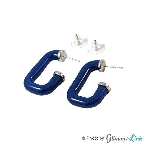 Geometric Blue Rectangular Open Hoop Silver Tone … - image 4