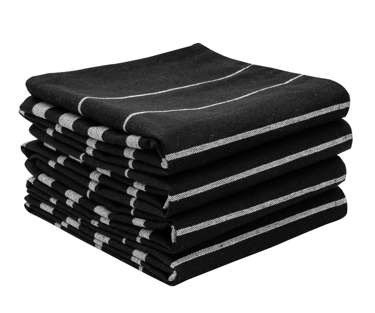 Kitchen Towels Set 4 Striped Dish Towels Absorbent Cotton Tea Towels Black  18x28