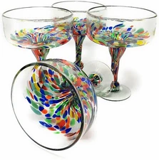 Mexican Hand Blown Glass – Set of 4 Hand Blown Margarita Glasses Confetti...