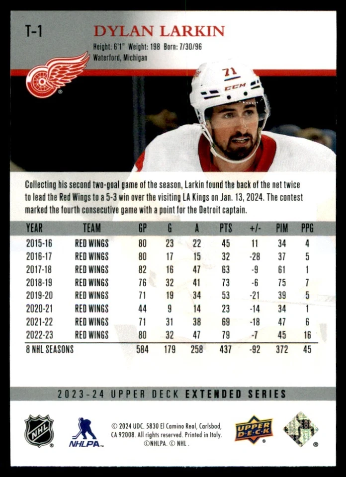2023-24 Upper Deck Extended Series Retro Dylan Larkin #T1 - Image 2 of 2