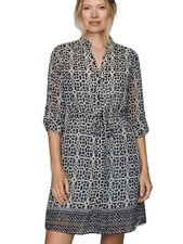 Tacera Sheer Geometric Floral Belted Dress Size Large Button Placket Roll Sleeve
