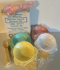 Ice Cream Set 4 Bowls & Spoons~Scoop~VTG Current Sundae Pastels~Dishwasher Safe