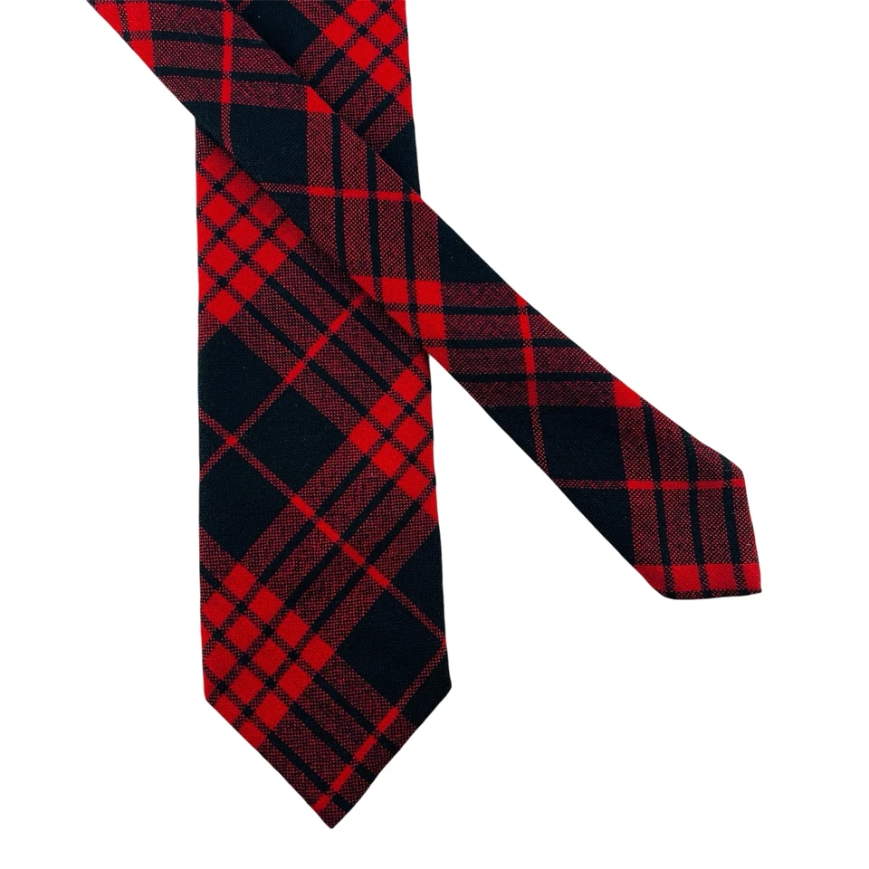 Corbata de cuello 100 % lana pura fina a cuadros escoceses roja y negra delgada lana Biska Rene Foto 2 de 3