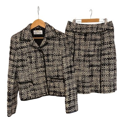 Vintage Courreges Tweed Skirt Suit Set Ivory Black Jacket Skirt 11AR US M/L